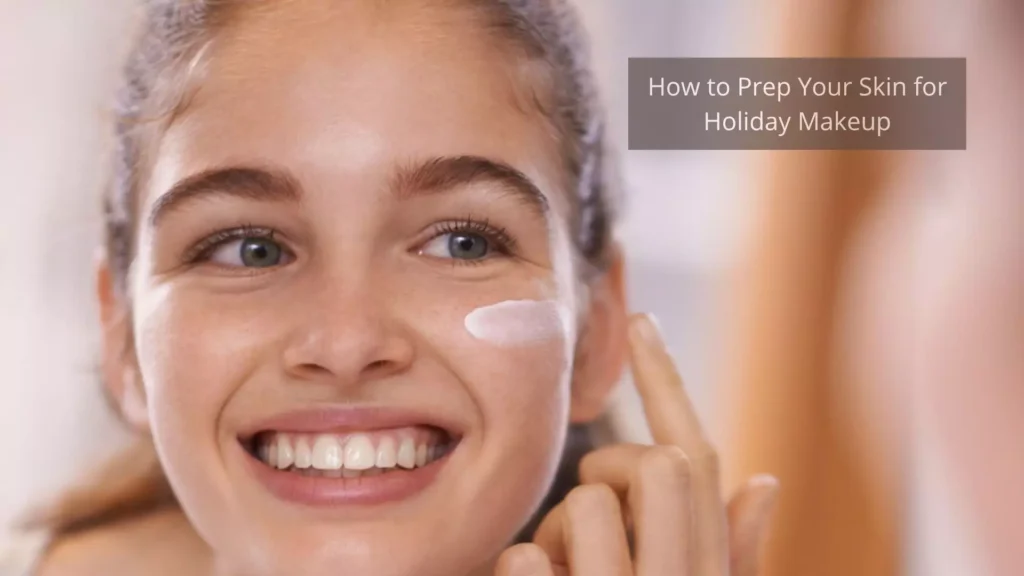 Close-up of a young woman applying moisturizer to her face, preparing her skin for holiday makeup.