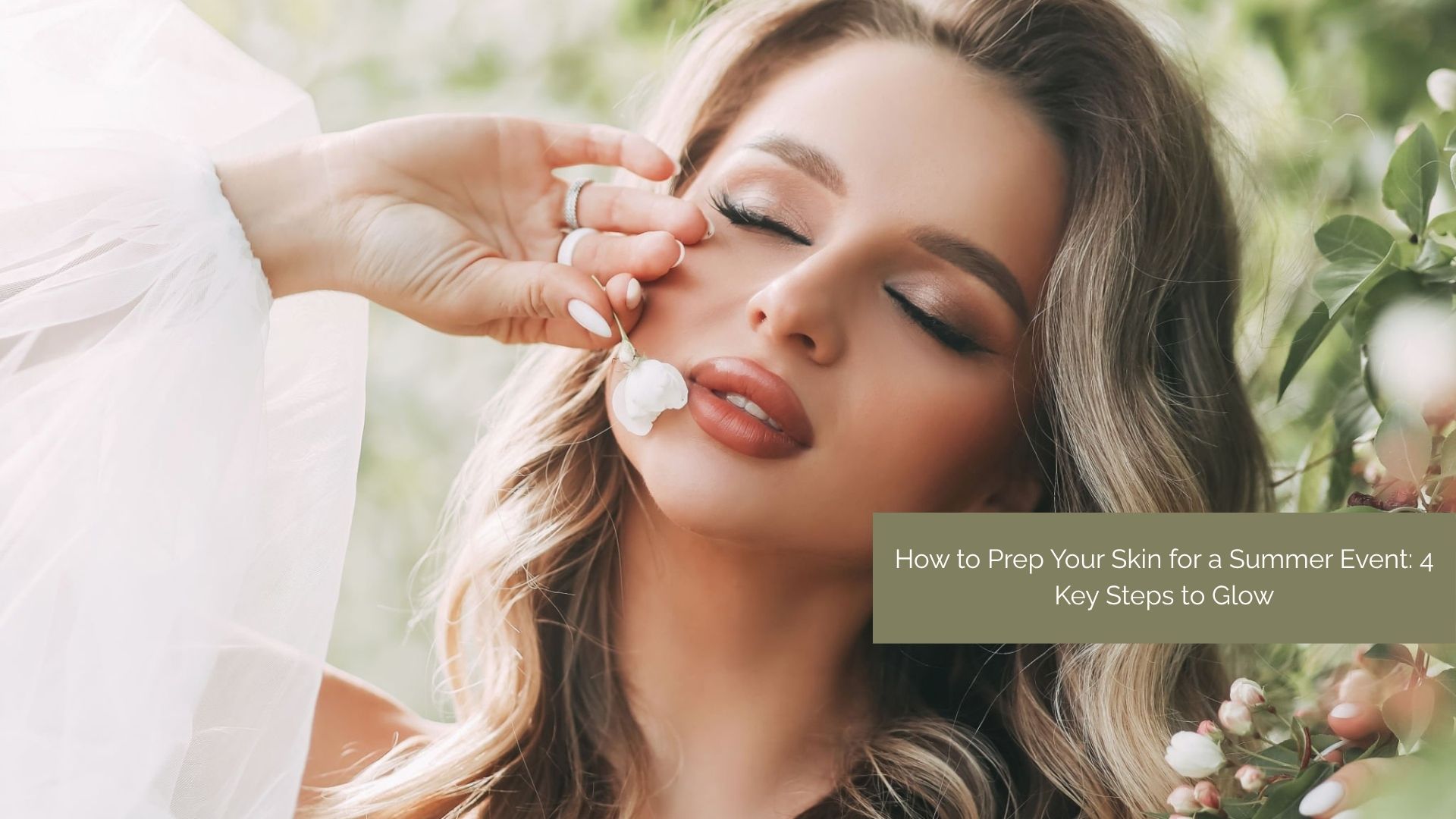 Woman prepping her skin for a summer wedding with skincare products.
