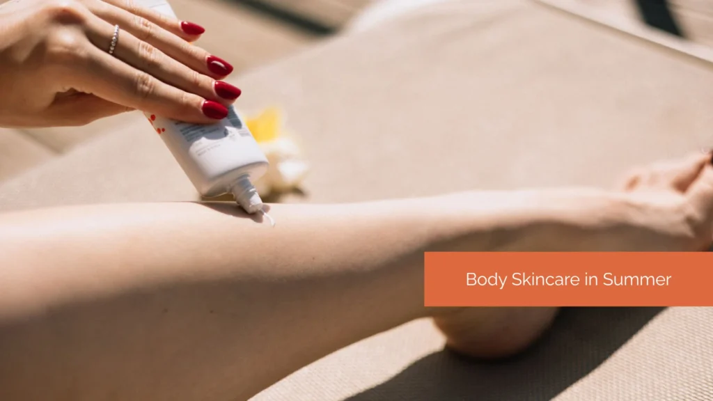 Close-up of legs being moisturized during summer skincare routine